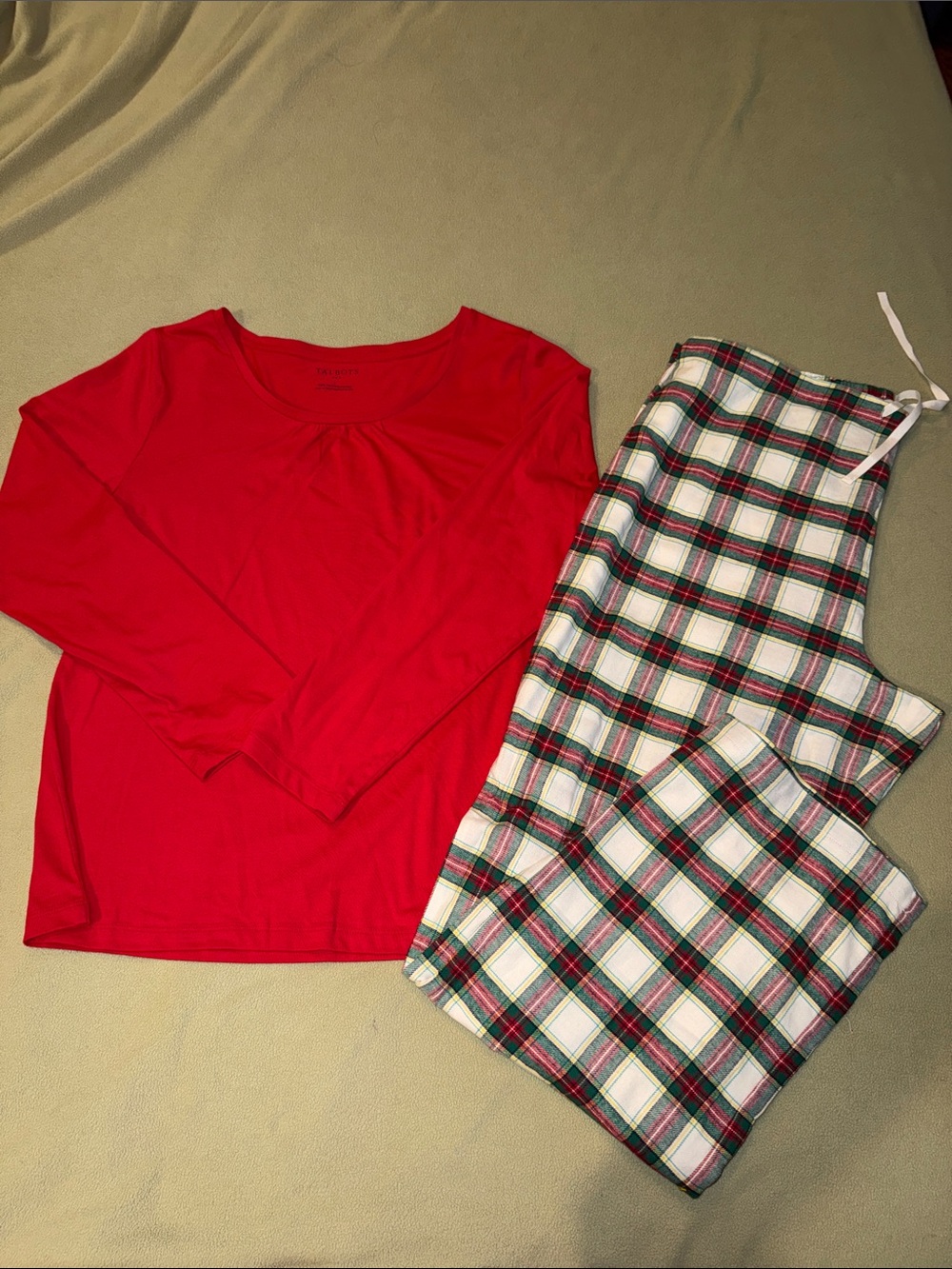 Talbots Festive Red Long-Sleeve Top with White, Red and Green Plaid Pajama Pants